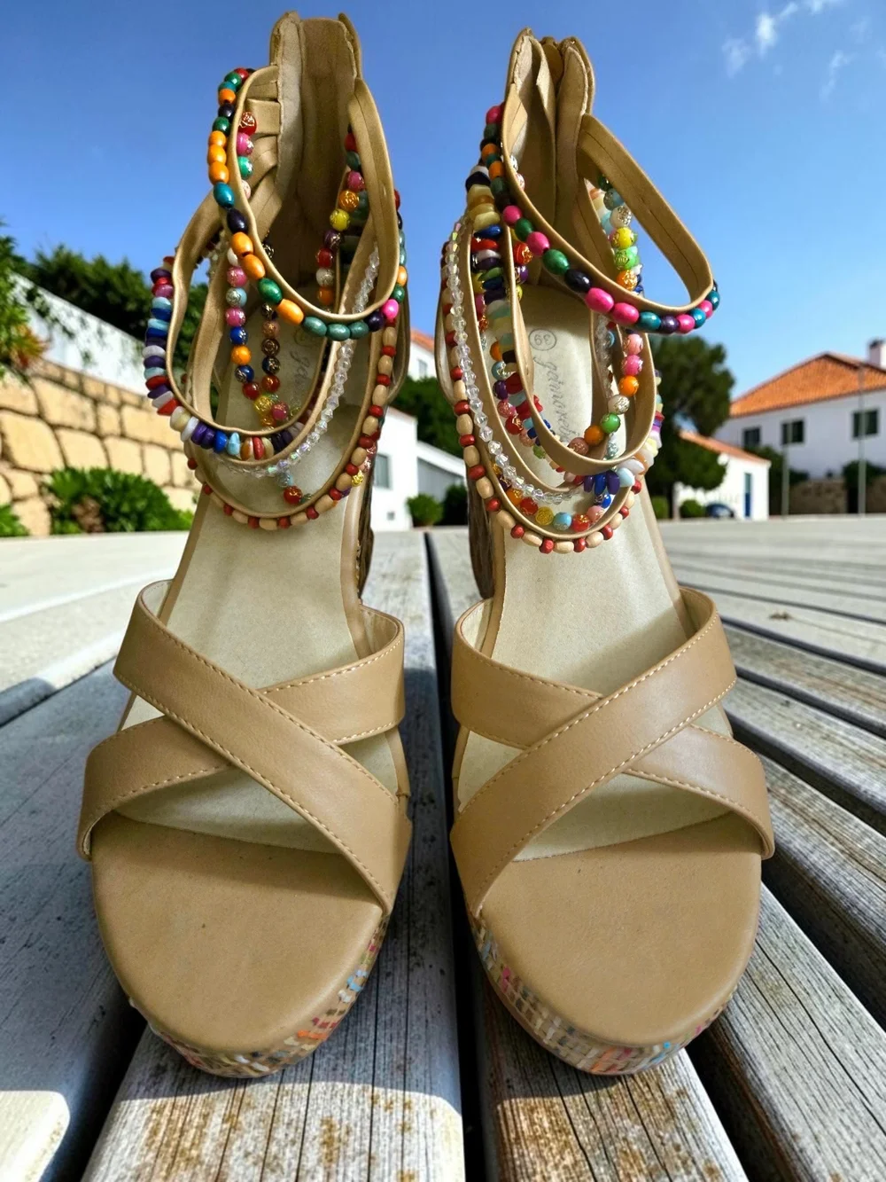 Women’s Beige Wedge Sandals with Multicolor Beaded Straps
